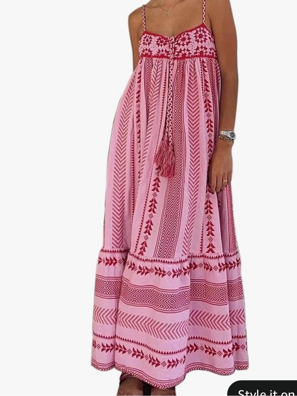 Women Boho Maxi Crochet Patchwork Sleeveless Long Flowy Pink Beach Sundress